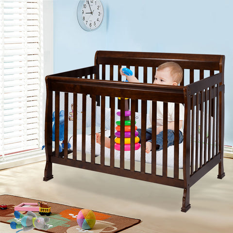 Image of Coffee Pine Wood Baby Toddler Bed Convertible Crib