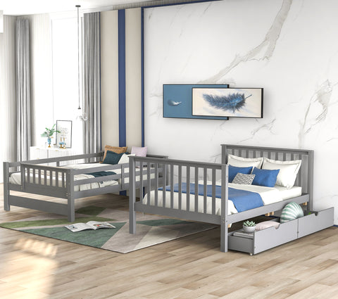 Image of Lucky Furniture Full Over Full Bunk Bed with Shelves and 6 Storage Drawers, Gray