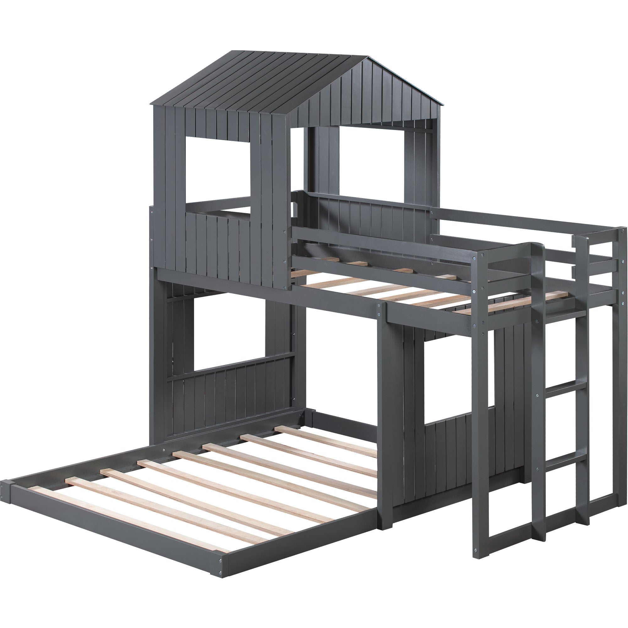 Lucky Furniture Twin Over Full Bunk Bed, Loft Bed with Playhouse