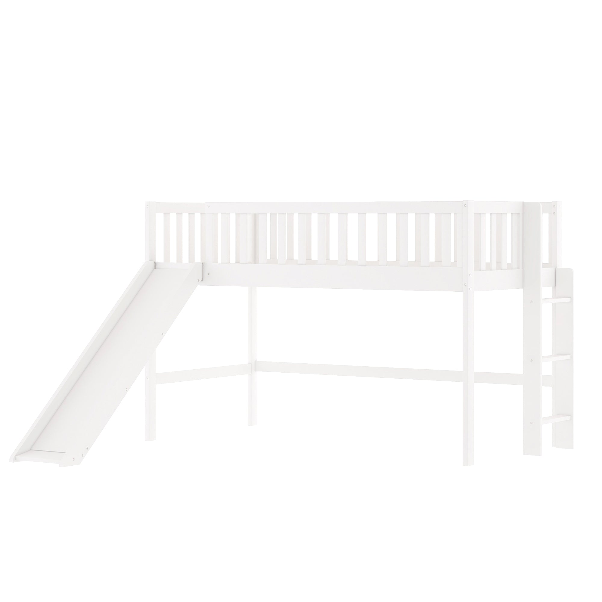 Twin Size Low Loft Bed with Ladder and Slide in White