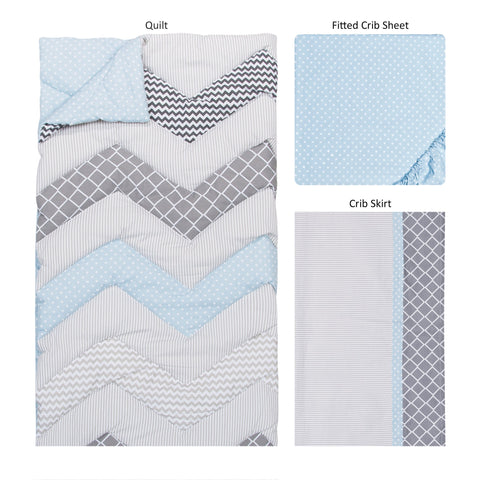 Image of Blue Taffy Chevron 3 Piece Crib Bedding Set