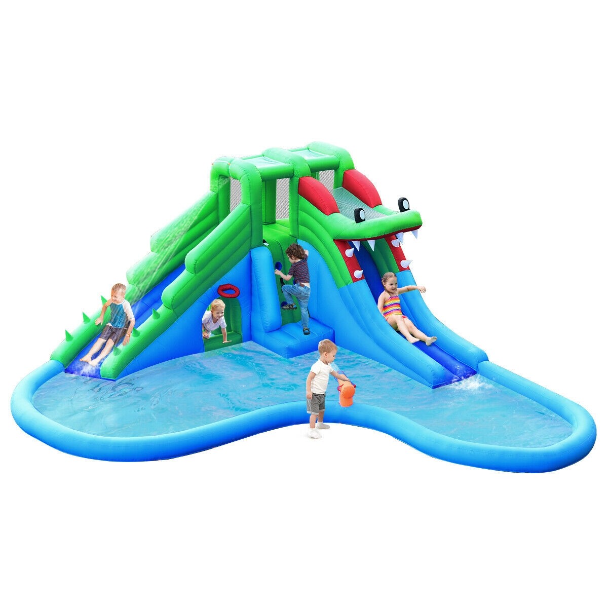 Costway Inflatable Water Park Crocodile Bouncer Dual Slide Climbing Wall