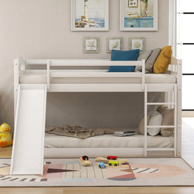 Twin over Twin Low Bunk Bed with Slide and Ladder in White