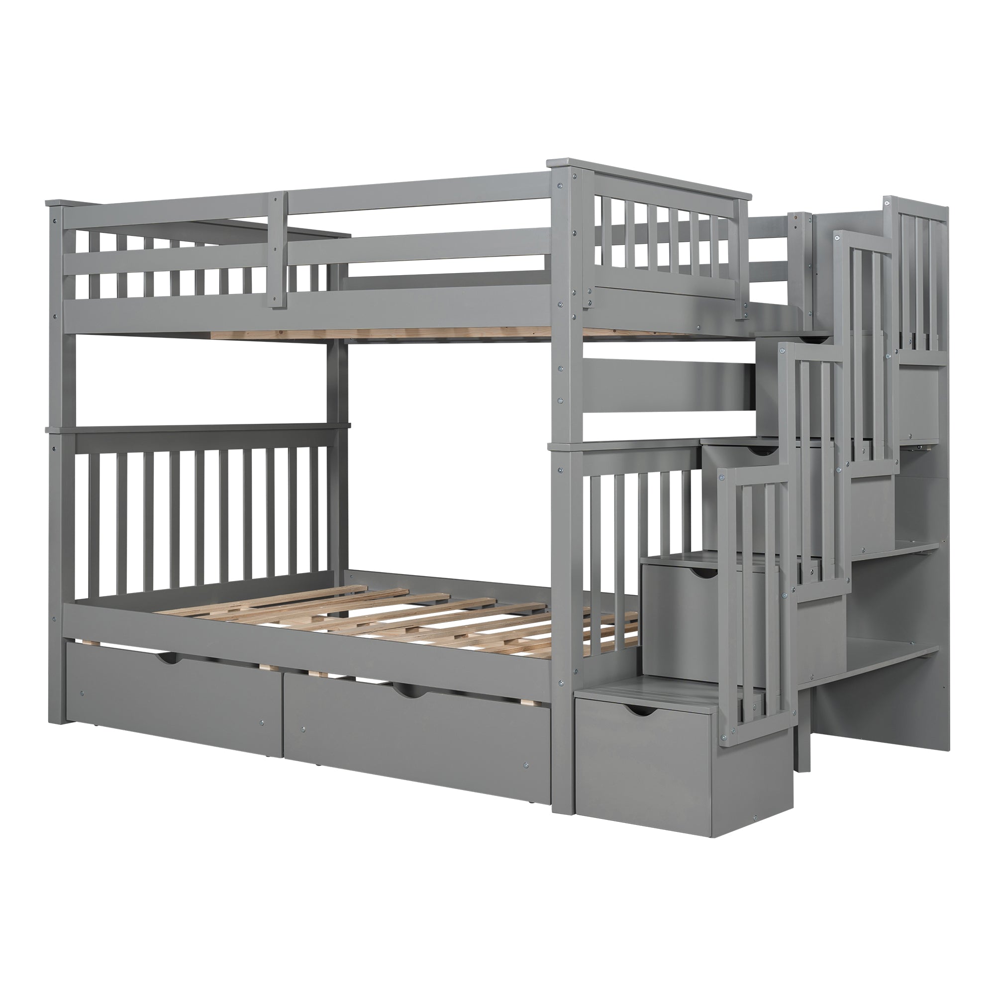 Lucky Furniture Full Over Full Bunk Bed with Shelves and 6 Storage Drawers, Gray