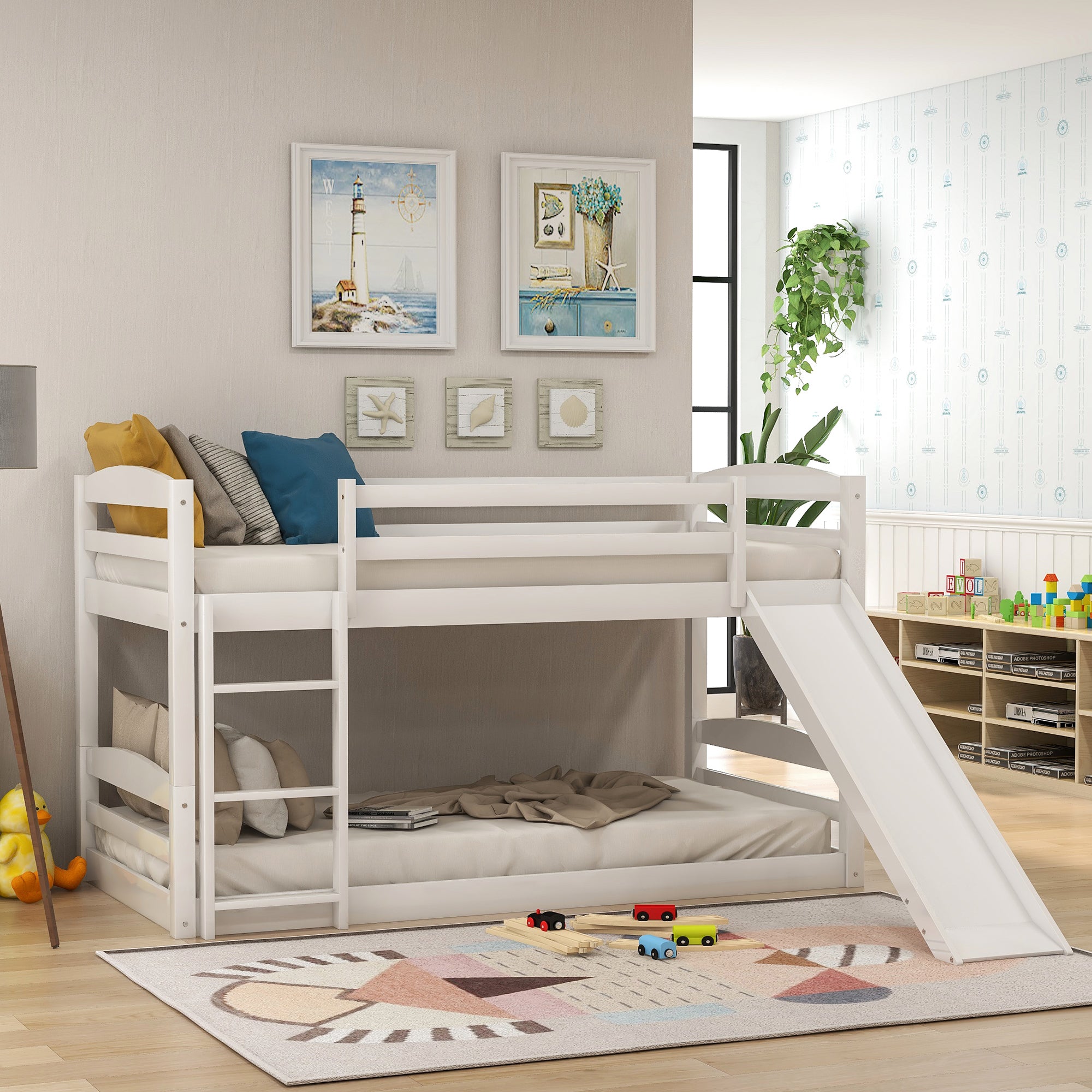 Twin over Twin Low Bunk Bed with Slide and Ladder in White