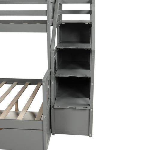 Twin over Full Bunk Bed with Drawers,Storage and Slide in Gray