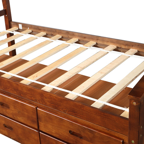 Image of Oris Fur. Twin Size Platform Storage Bed Solid Wood Bed with 6 Drawers in Walnut