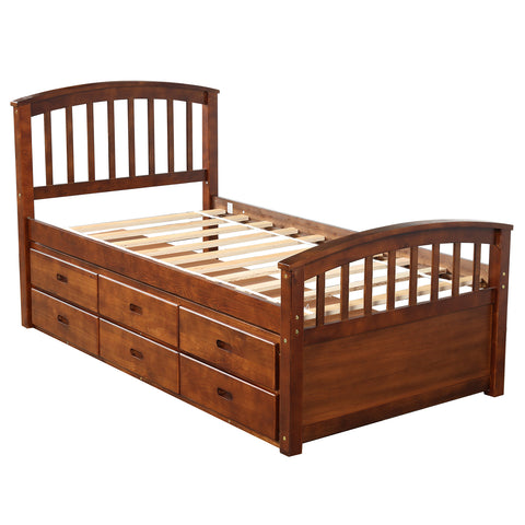 Image of Oris Fur. Twin Size Platform Storage Bed Solid Wood Bed with 6 Drawers in Walnut