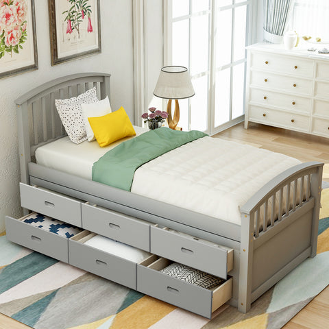 Image of Oris Fur. Twin Size Platform Storage Bed Solid Wood Bed with 6 Drawers in Grey
