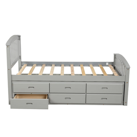 Image of Oris Fur. Twin Size Platform Storage Bed Solid Wood Bed with 6 Drawers in Grey