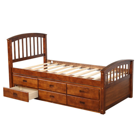 Image of Oris Fur. Twin Size Platform Storage Bed Solid Wood Bed with 6 Drawers in Walnut
