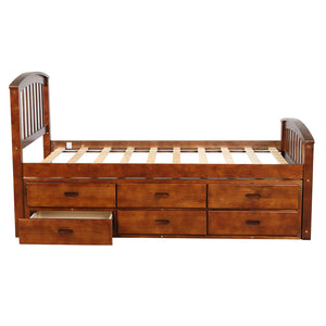 Oris Fur. Twin Size Platform Storage Bed Solid Wood Bed with 6 Drawers in Walnut
