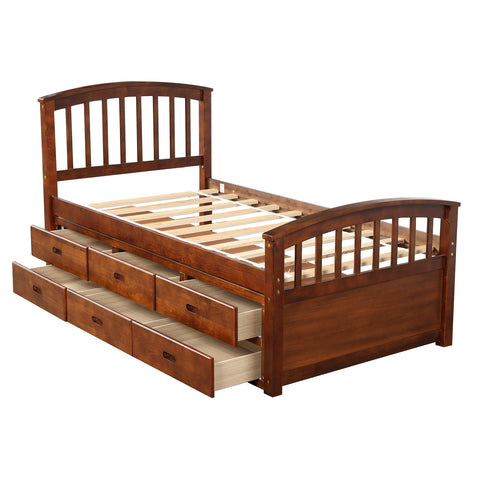 Image of Oris Fur. Twin Size Platform Storage Bed Solid Wood Bed with 6 Drawers in Walnut