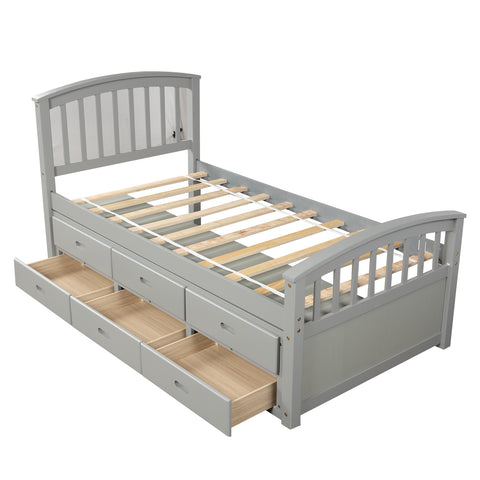 Image of Oris Fur. Twin Size Platform Storage Bed Solid Wood Bed with 6 Drawers in Grey