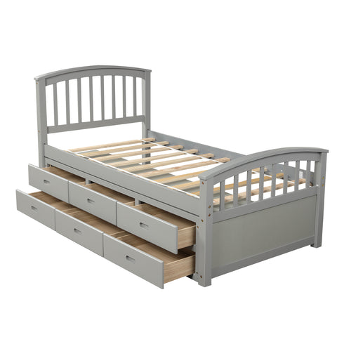 Image of Oris Fur. Twin Size Platform Storage Bed Solid Wood Bed with 6 Drawers in Grey