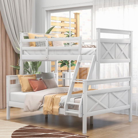 Image of Twin Over Full Bunk Bed with Ladder, Safety Guardrail, Twin Size Trundle, White