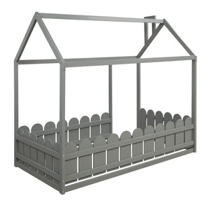 Lucky Furniture Twin Size Wood House Bed with Fence For Kids, Teens