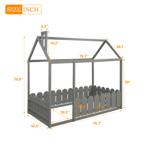Image of Lucky Furniture Twin Size Wood House Bed with Fence For Kids, Teens