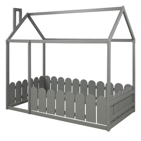 Image of Lucky Furniture Twin Size Wood House Bed with Fence For Kids, Teens