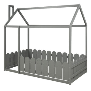 Lucky Furniture Twin Size Wood House Bed with Fence For Kids, Teens