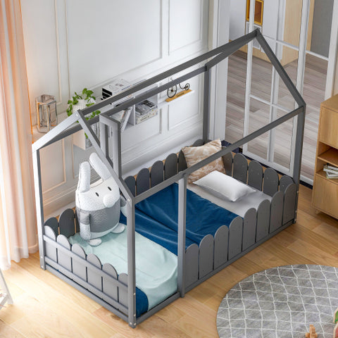 Image of Lucky Furniture Twin Size Wood House Bed with Fence For Kids, Teens