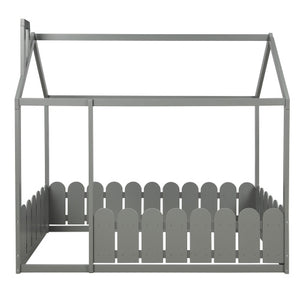 Lucky Furniture Twin Size Wood House Bed with Fence For Kids, Teens