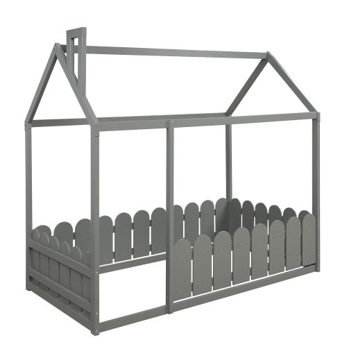 Lucky Furniture Twin Size Wood House Bed with Fence For Kids, Teens