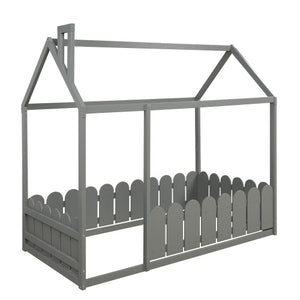 Lucky Furniture Twin Size Wood House Bed with Fence For Kids, Teens