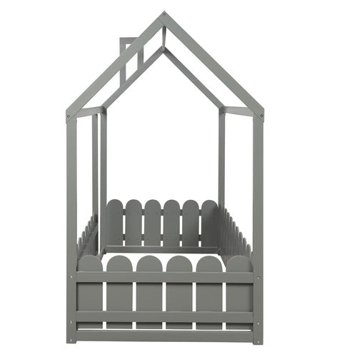 Lucky Furniture Twin Size Wood House Bed with Fence For Kids, Teens