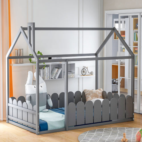 Lucky Furniture Twin Size Wood House Bed with Fence For Kids, Teens