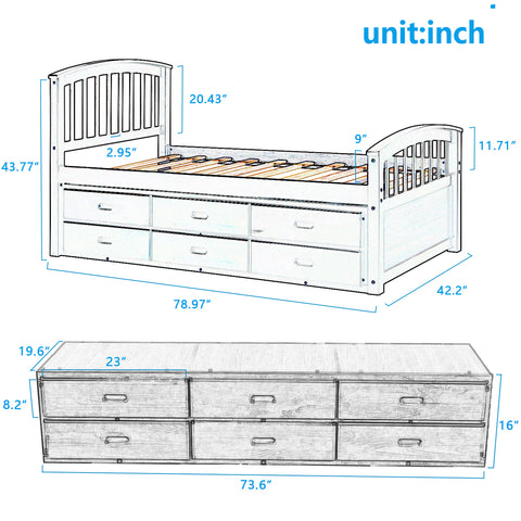 Image of Oris Fur. Twin Size Platform Storage Bed Solid Wood Bed with 6 Drawers in Walnut