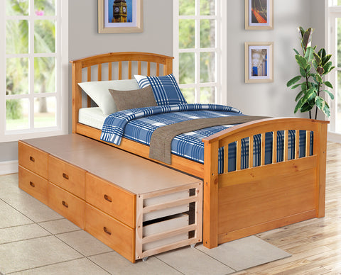Image of Oris Fur. Twin Size Platform Storage Bed Solid Wood Bed with 6 Drawers in Oak