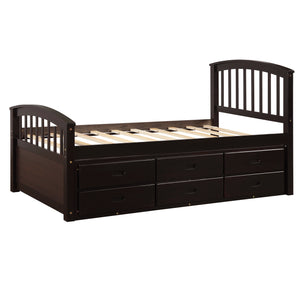 Oris Fur. Twin Size Platform Storage Bed Solid Wood Bed with 6 Drawers in Espresso