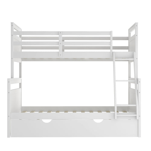 Twin Over Full Bunk Bed with Ladder, Safety Guardrail, Twin Size Trundle, White