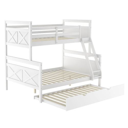 Twin Over Full Bunk Bed with Ladder, Safety Guardrail, Twin Size Trundle, White