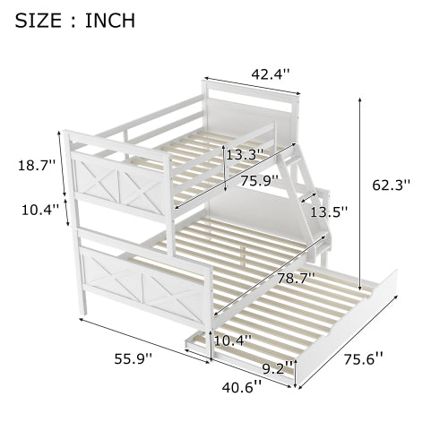 Twin Over Full Bunk Bed with Ladder, Safety Guardrail, Twin Size Trundle, White