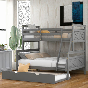 Twin Over Full Bunk Bed with Ladder, Safety Guardrail, Twin Size Trundle, White