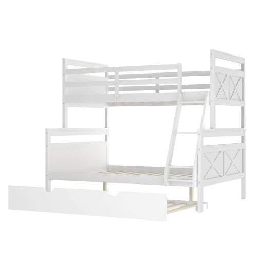 Twin Over Full Bunk Bed with Ladder, Safety Guardrail, Twin Size Trundle, White