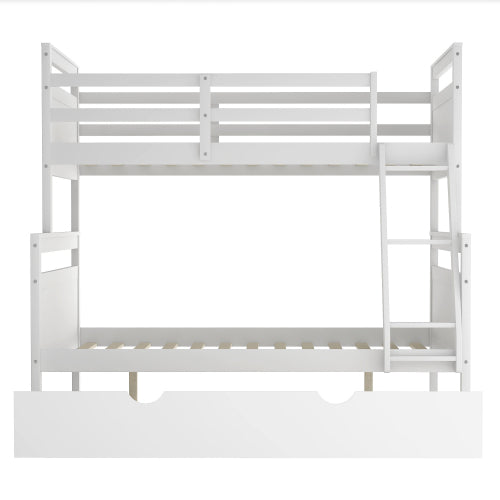 Twin Over Full Bunk Bed with Ladder, Safety Guardrail, Twin Size Trundle, White