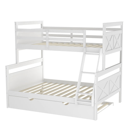 Twin Over Full Bunk Bed with Ladder, Safety Guardrail, Twin Size Trundle, White