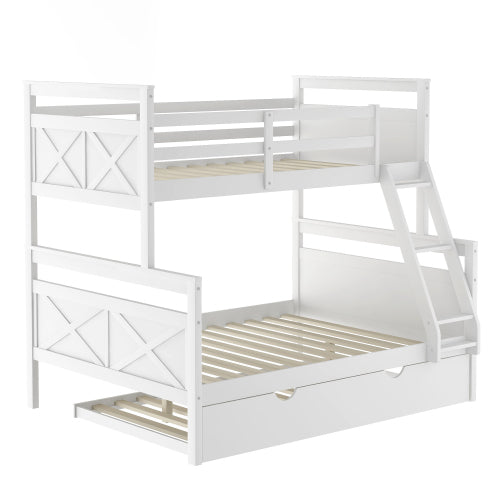 Twin Over Full Bunk Bed with Ladder, Safety Guardrail, Twin Size Trundle, White