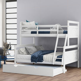 Twin Over Full Bunk Bed with Ladder, Safety Guardrail, Twin Size Trundle, White
