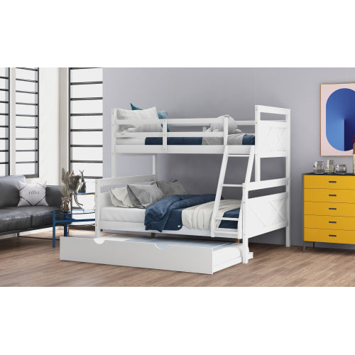 Twin Over Full Bunk Bed with Ladder, Safety Guardrail, Twin Size Trundle, White