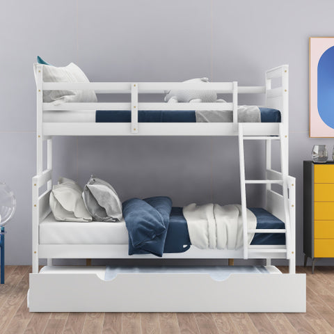 Image of Twin Over Full Bunk Bed with Ladder, Safety Guardrail, Twin Size Trundle, White