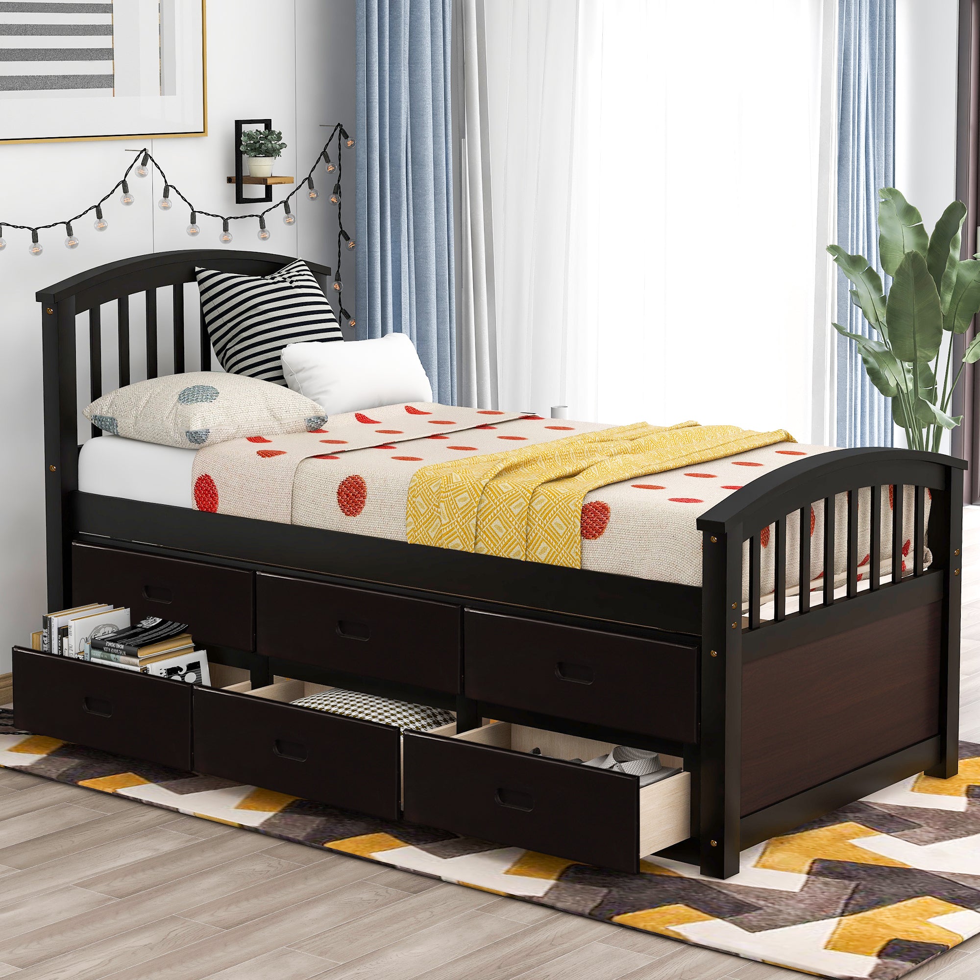 Oris Fur. Twin Size Platform Storage Bed Solid Wood Bed with 6 Drawers in Espresso