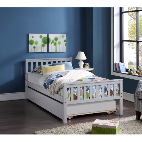 Twin Bed with Trundle For Kids and Toddlers in Grey or White