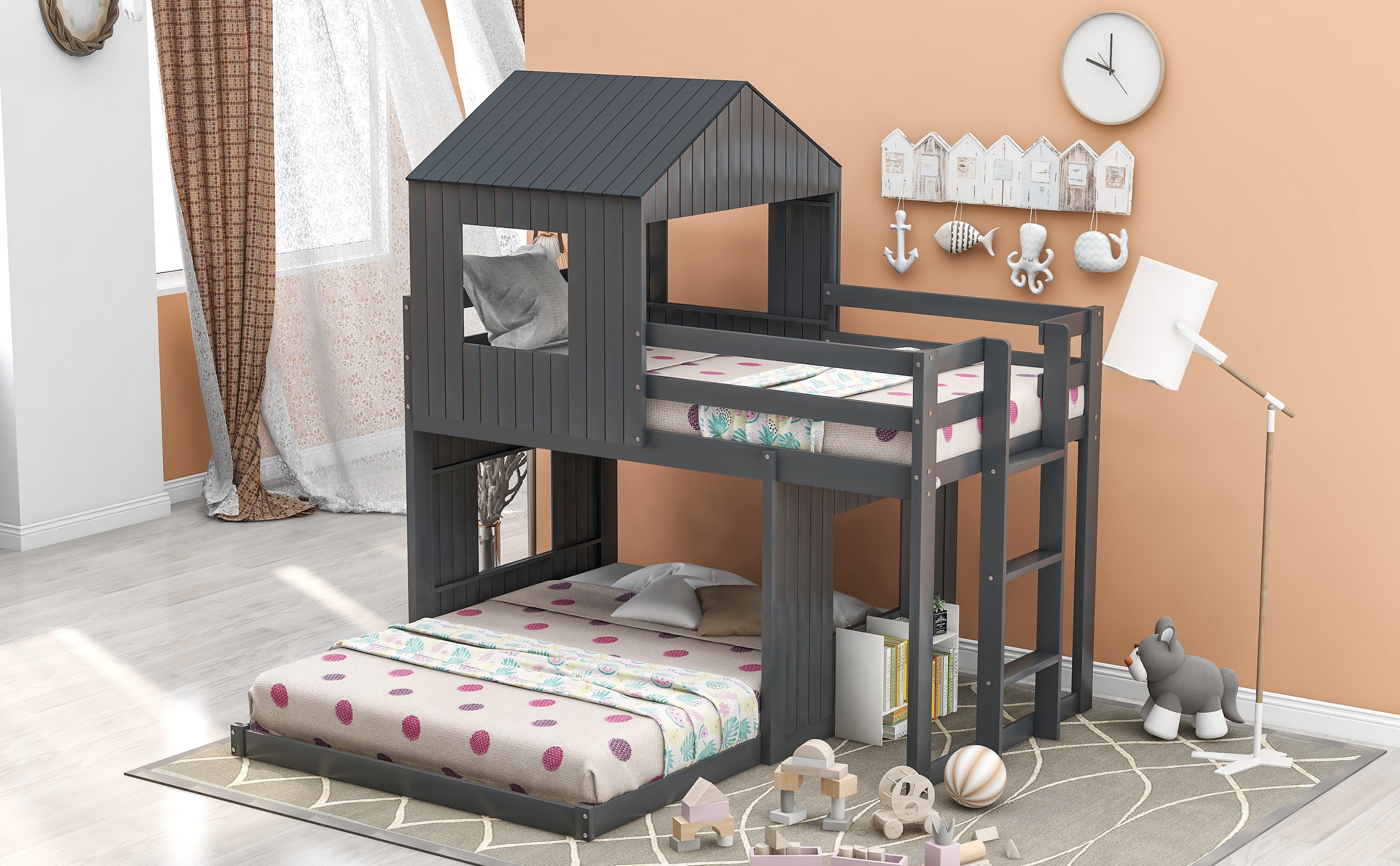Lucky Furniture Twin Over Full Bunk Bed, Loft Bed with Playhouse
