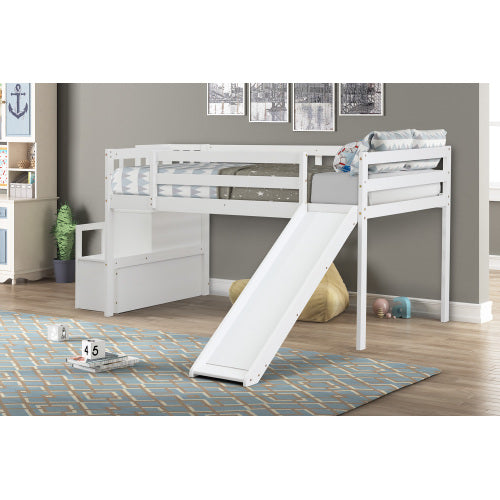 Kaba Kids Loft Bed with Stair Case & Slide in White