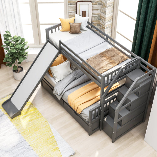 Twin over Full Bunk Bed with Drawers,Storage and Slide in Gray
