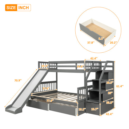 Twin over Full Bunk Bed with Drawers,Storage and Slide in Gray